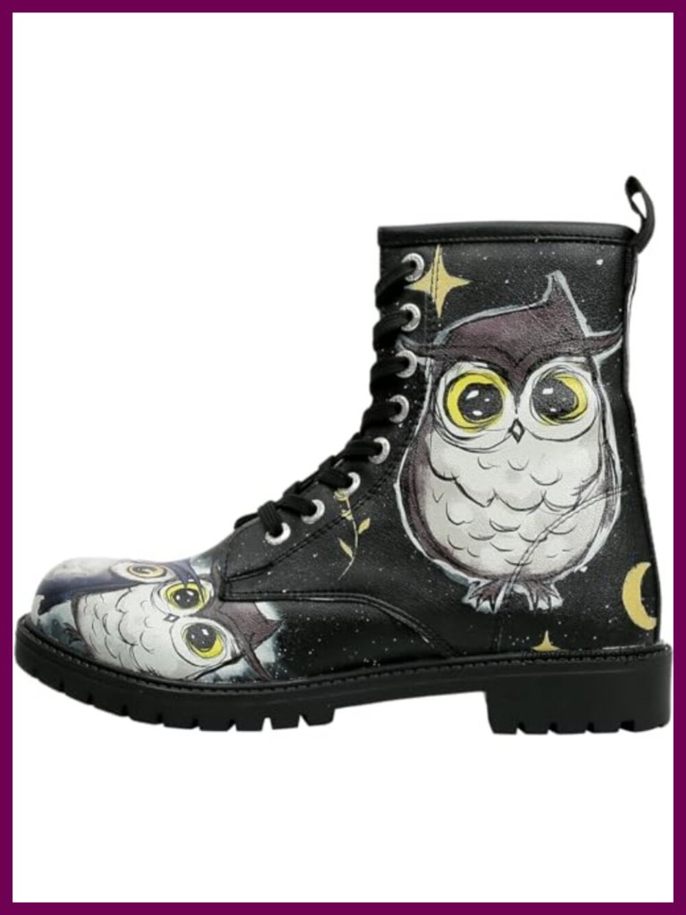 Vegan Leather Long Boots with Owl Print, Low Heel Ankle Booties, Water